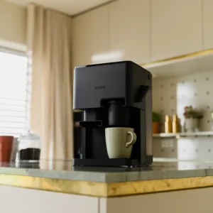 Stilvoller NIVONA CUBE 4106 Kaffeeautomat auf einer Küchenarbeitsplatte, hervorgehoben durch modernes Küchendesign mit einer Tasse darunter, bereit, frischen Kaffee zu servieren.