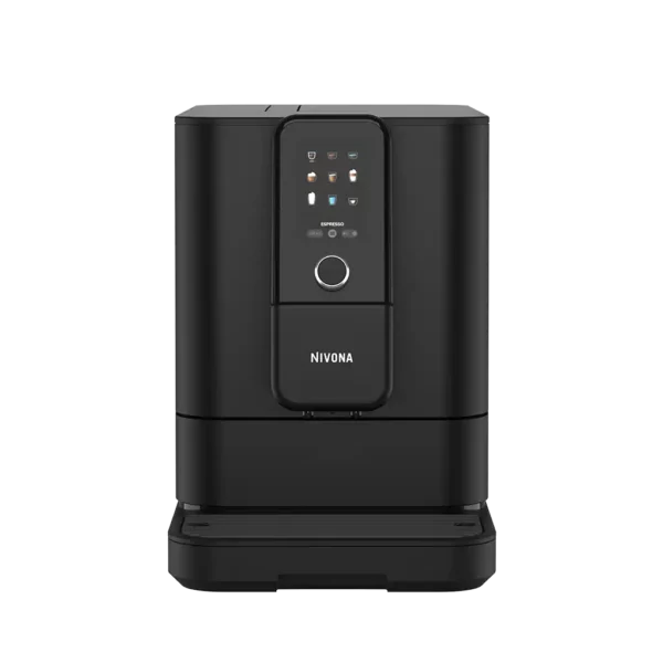 Schwarzer NIVONA NIVO 8101 Kaffeevollautomat mit beleuchtetem Bedienfeld und Auswahlknöpfen für verschiedene Kaffeespezialitäten.