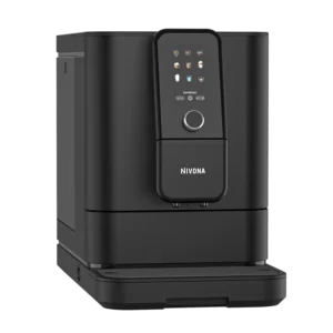 Eleganter NIVONA NIVO 8101 Kaffeevollautomat in Schwarz mit seitlicher Ansicht, hervorgehobenem Bedienpanel und schickem Design.
