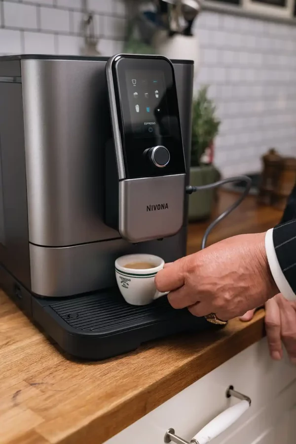 Person holt einen frisch gebrühten Espresso aus dem NIVONA NIVO 8103 Kaffeevollautomaten, der auf einer Küchenarbeitsplatte steht.
